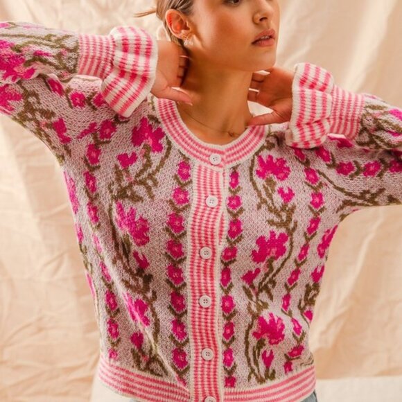 Pink Spring Floral Button Up Sweater Cardigan - Picture 3 of 5